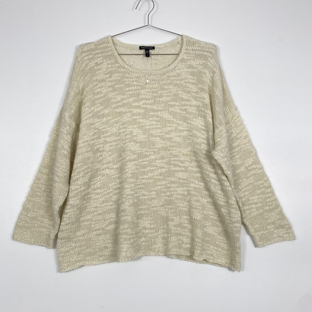 Eileen Fisher Sweater Womens 3X Cream Mohair Blend Open‎ Knit Crewneck Pullover